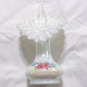 Vintage Fenton White Iridescent Jack in the Pulpit Tulip Vase Handpainted Signed